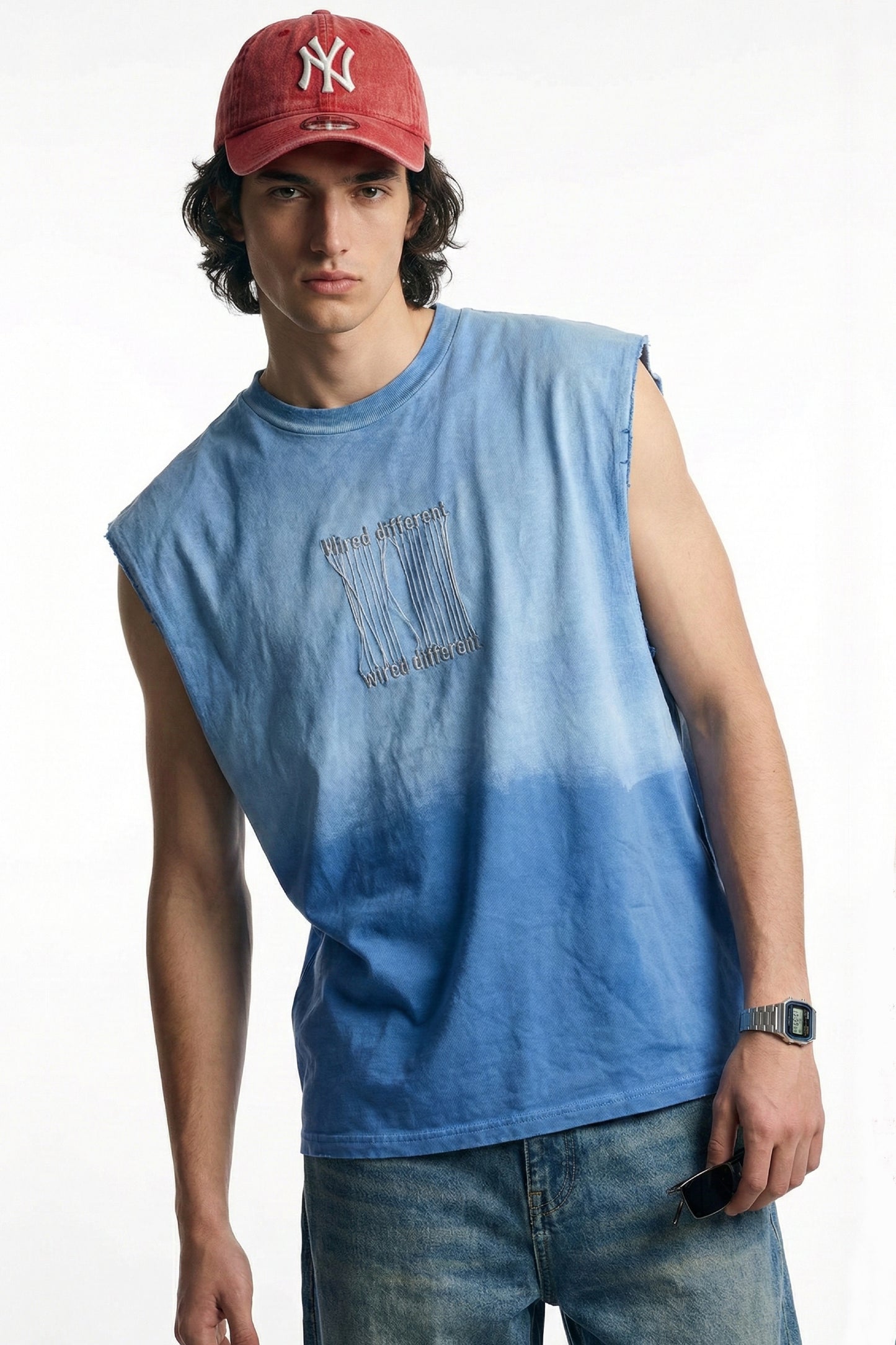 Wired Different Embroidered Tank Top - Blue Washed