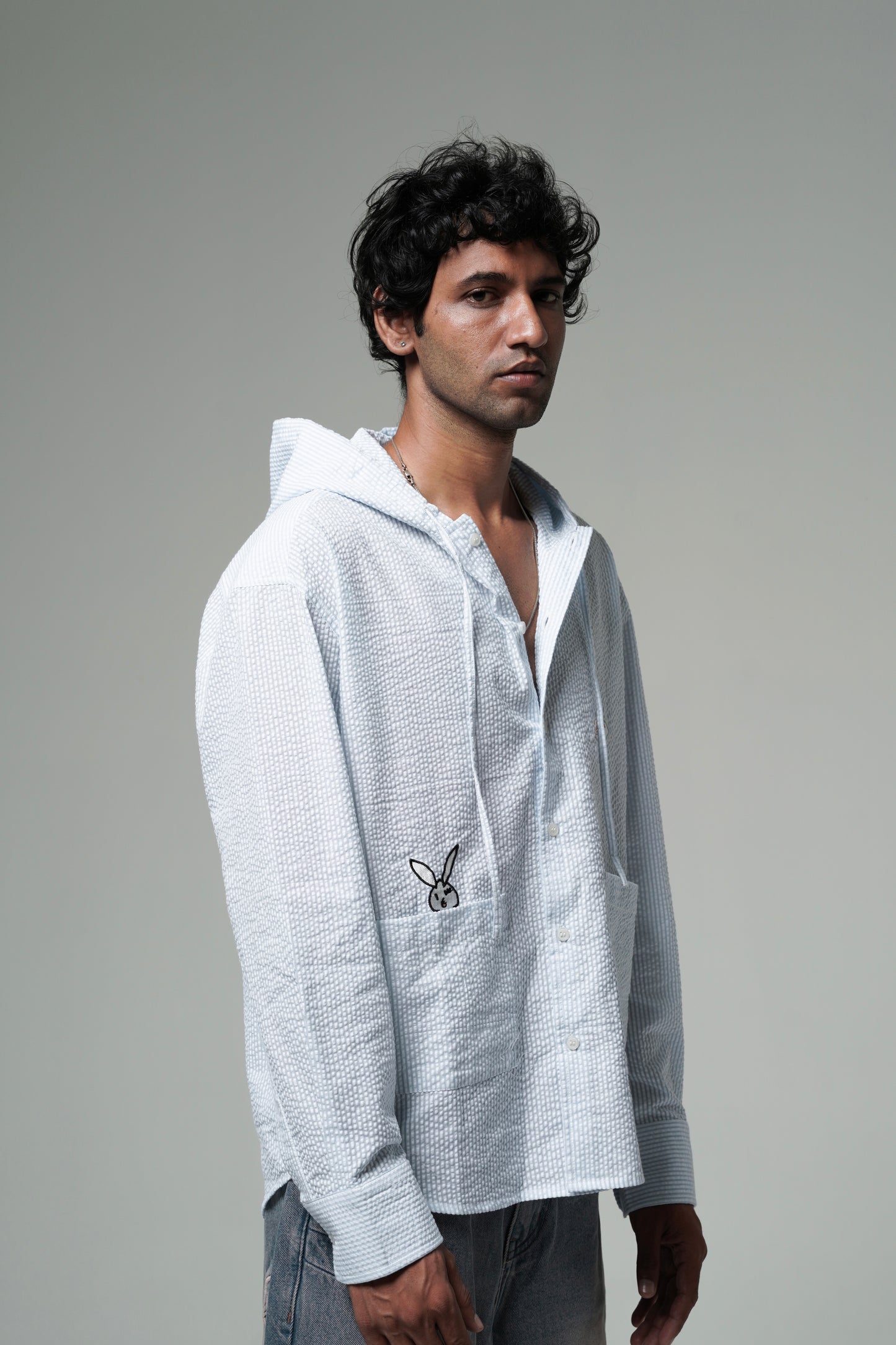 Sky Hooded Textured Shirt